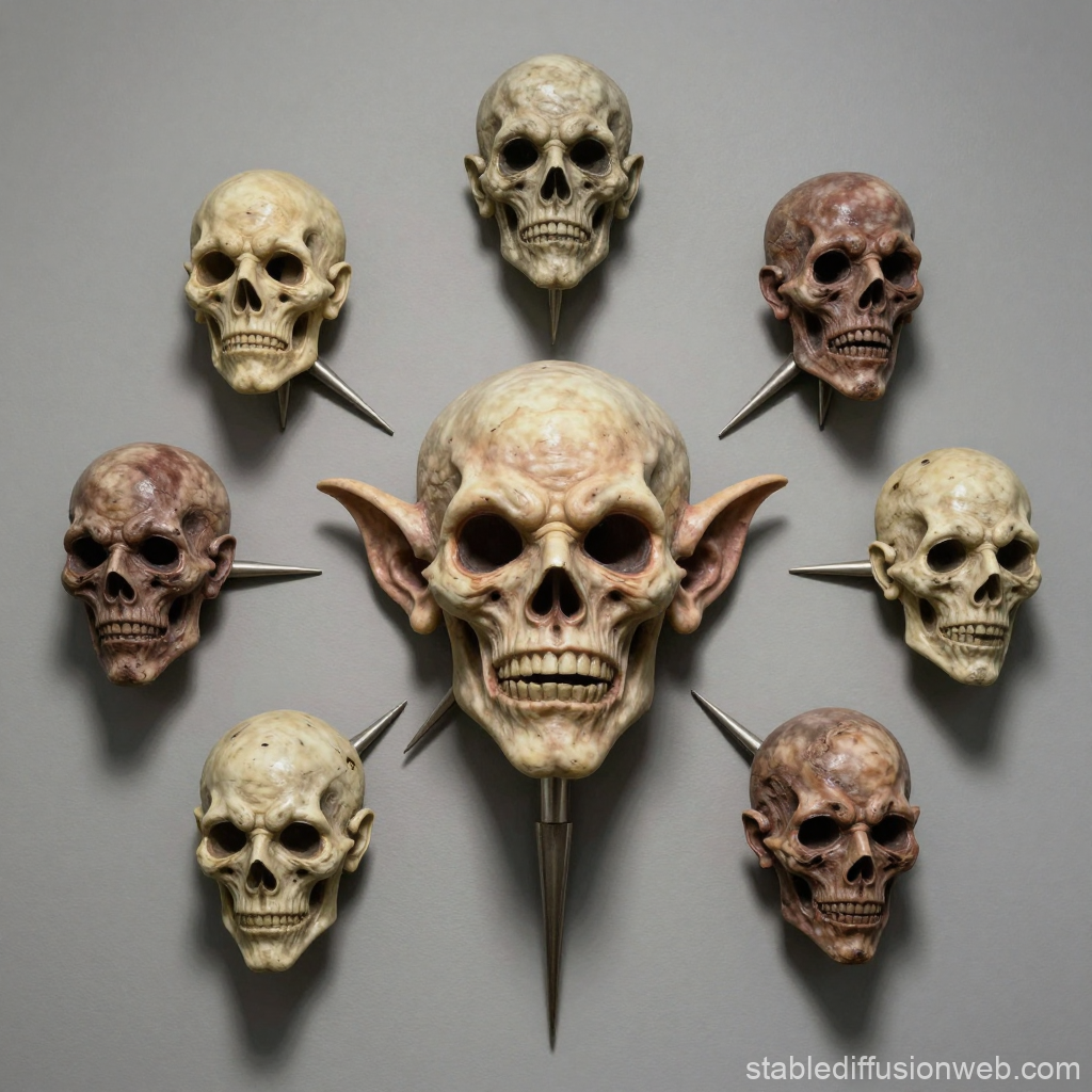 Collection of Spiked Skull Statues with Central Goblin Skull