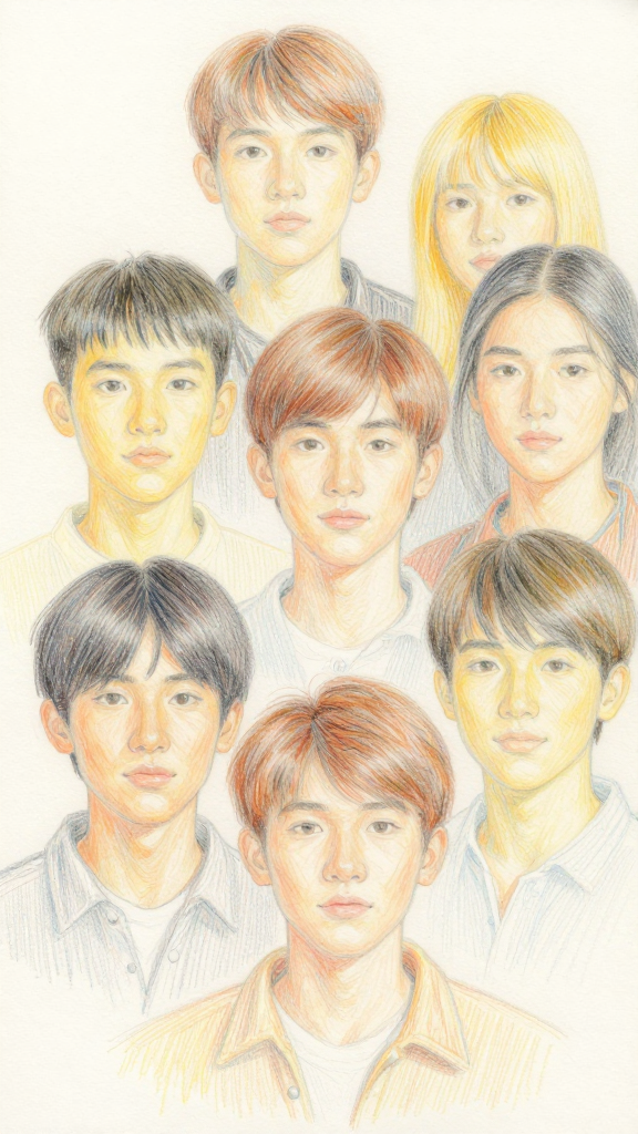 Colored Pencil Portraits of a Group of Young People