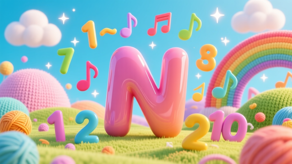Colorful 3D Letter N with Numbers and Musical Notes in Yarn Landscape