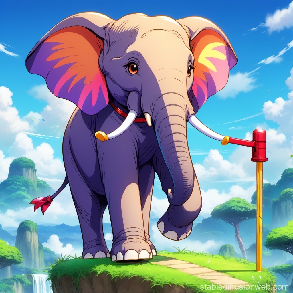 Colorful Anime Elephant on a Lush Cliff