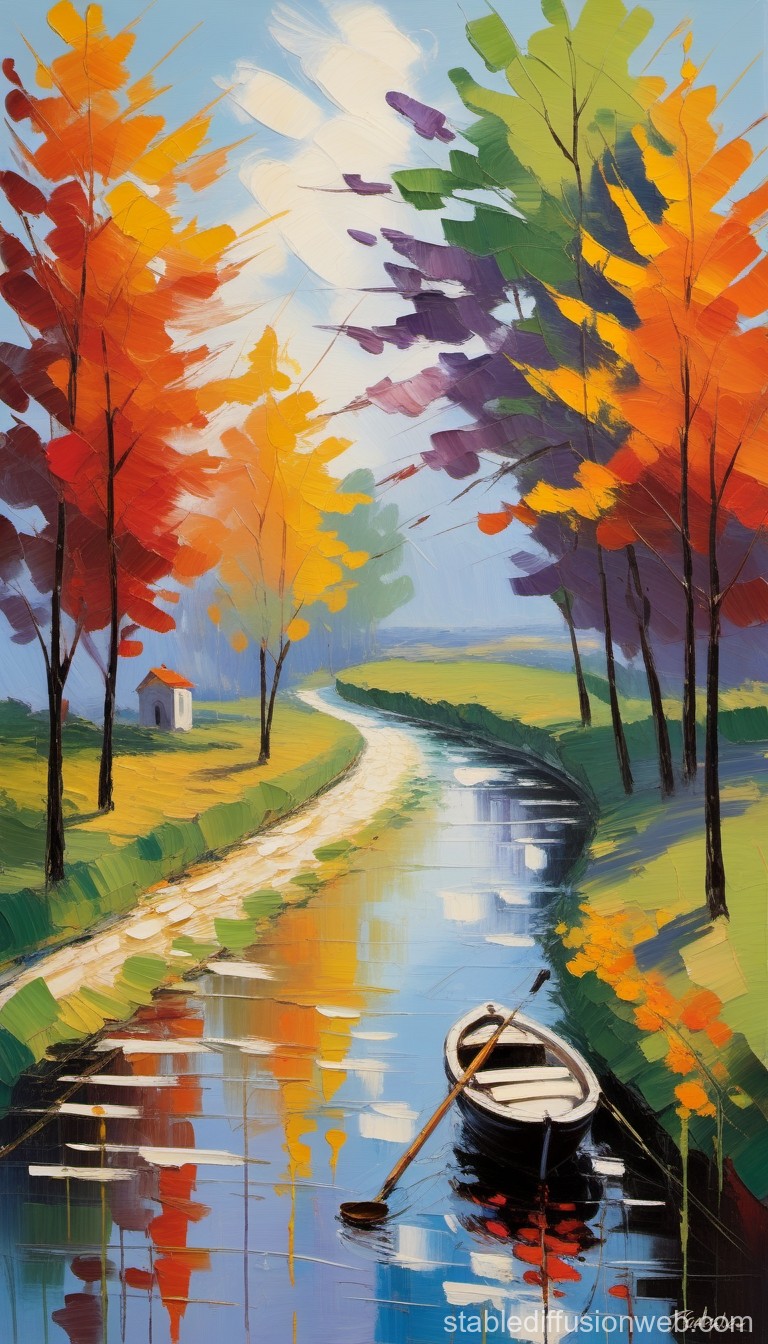 Colorful Autumn River Landscape with Rowboat