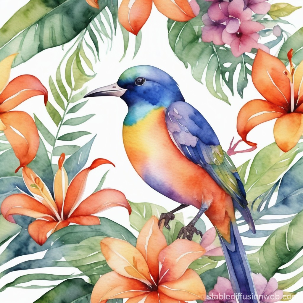 Colorful Bird Among Tropical Flowers in Watercolor Style