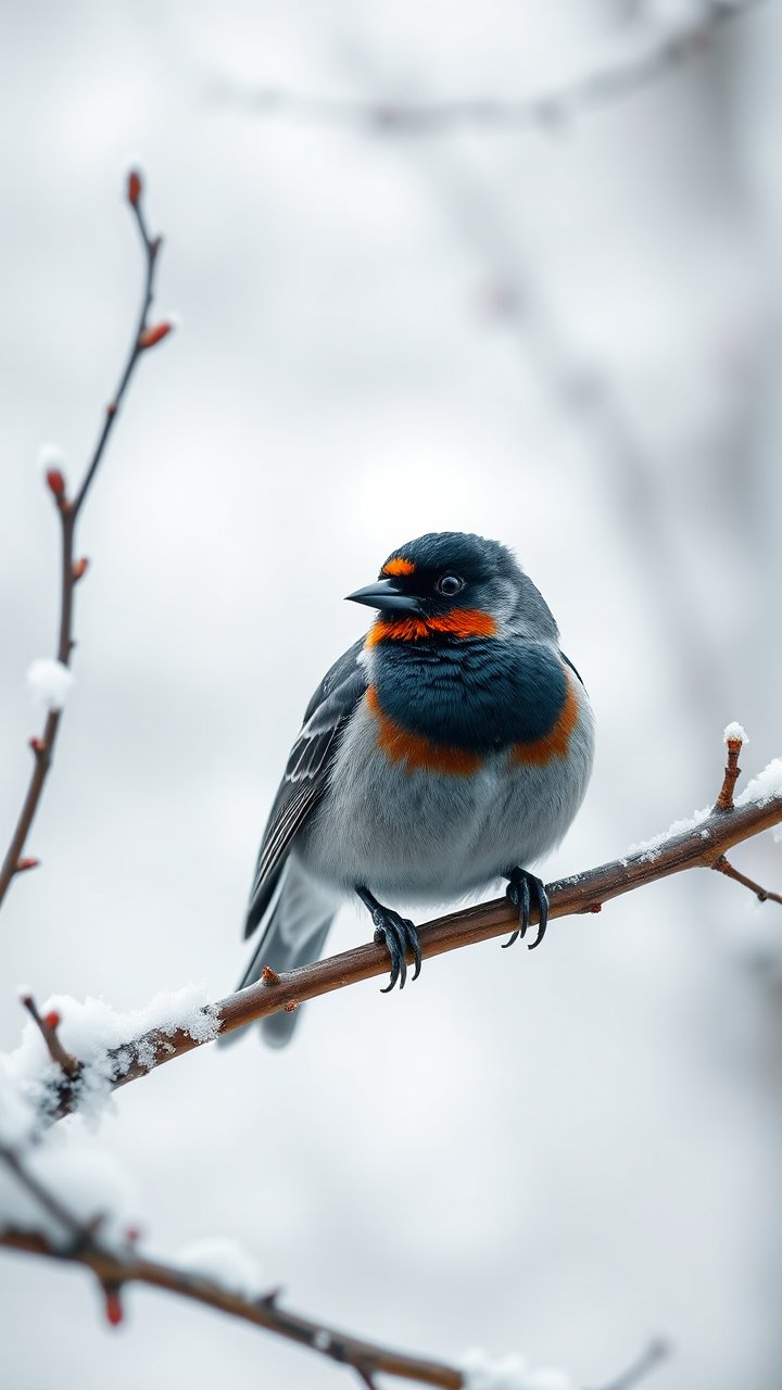 Colorful Bird Perched on Snowy Branch in Winter