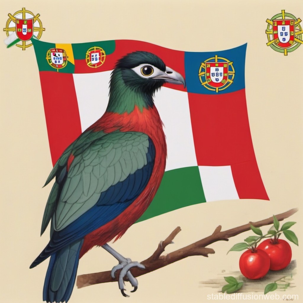 Colorful Bird Perched with Portuguese Flag and Tomatoes