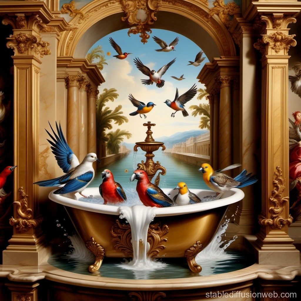 Colorful Birds Bathing in Ornate Golden Tub Amid Classical Architecture