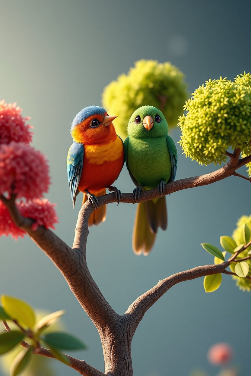 Colorful Birds Perched on a Branch Amid Vibrant Foliage