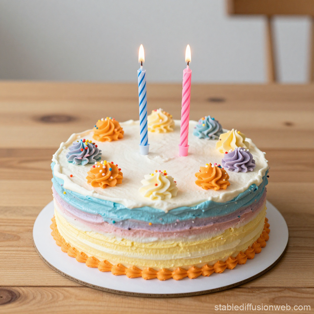 Colorful Birthday Cake with Two Lit Candles