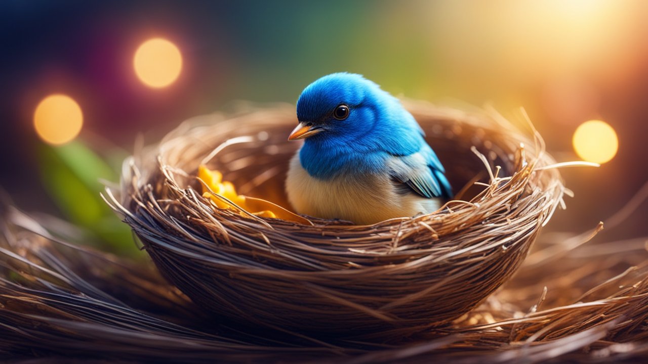 Colorful Blue Bird Nestled in Natural Nest