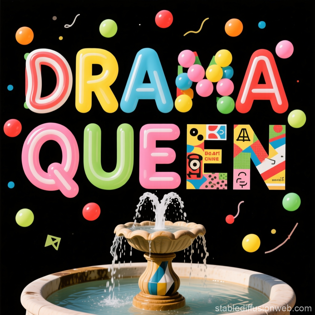 Colorful Bubble Gum Font Text 'Drama Queen' with Fountain