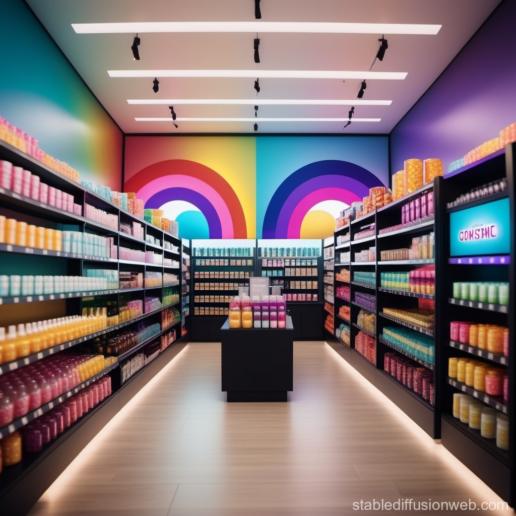 Colorful Candy Store Aisle with Rainbow Wall Art