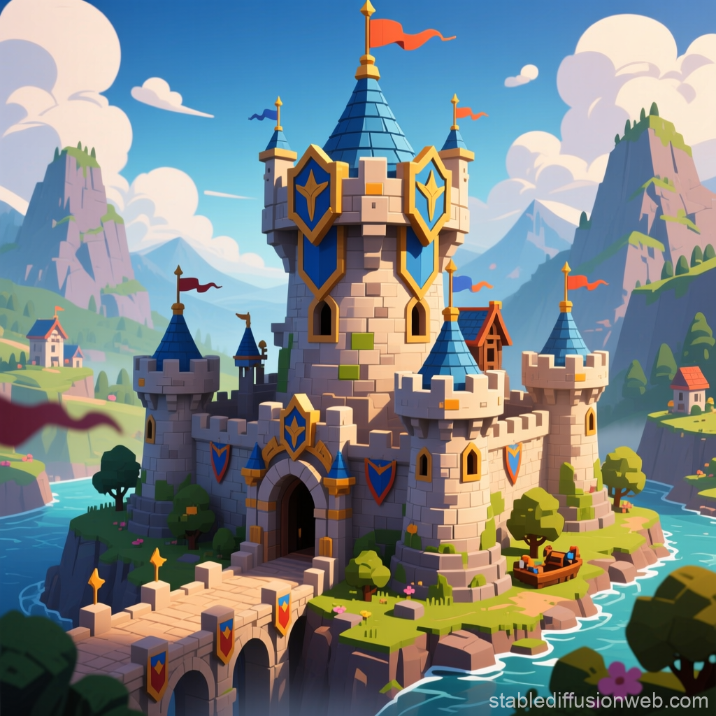 Colorful Cartoon Castle on a Cliff by the River