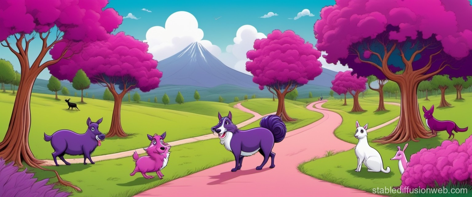 Colorful Cartoon Forest with Playful Animals and Pink Trees