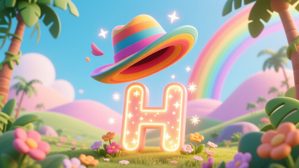 Colorful Cartoon Hat Spinning Above Glowing Letter H