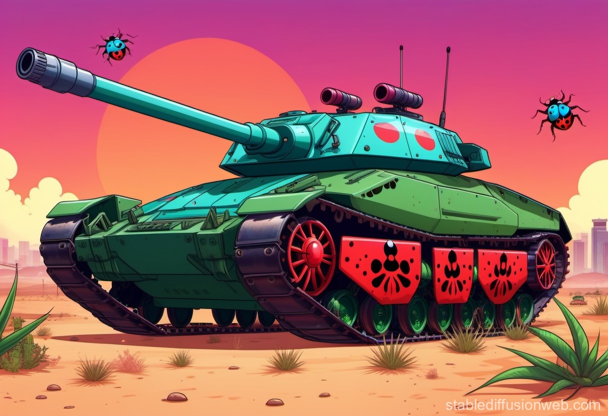 Colorful Cartoon Tank in Desert with Ladybugs at Sunset