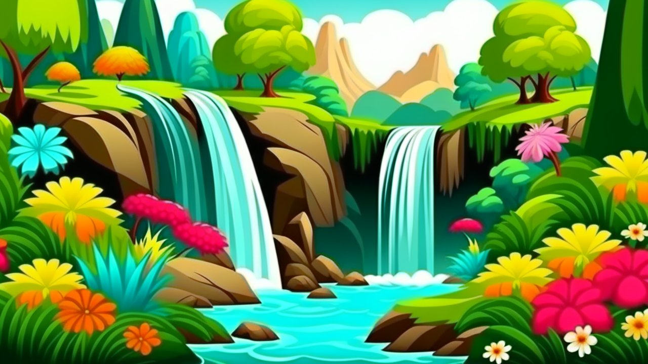 Colorful Cartoon Waterfall Landscape with Lush Flora