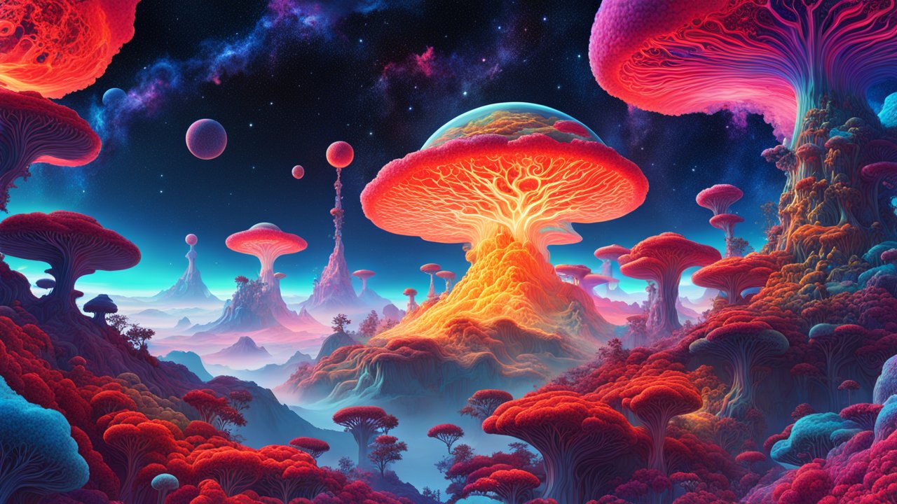 Colorful Cosmic Mycelium Network in an Alien Landscape