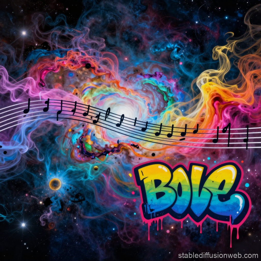 Colorful Cosmic Smoke with Musical Notes and Graffiti