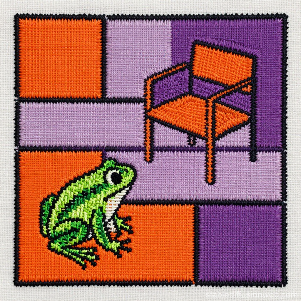 Colorful Embroidered Frog and Chair on Geometric Background