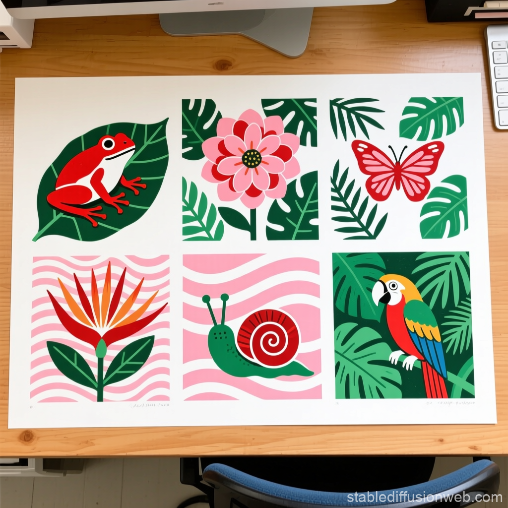 Colorful Flora and Fauna Illustrations in Bold Graphic Style