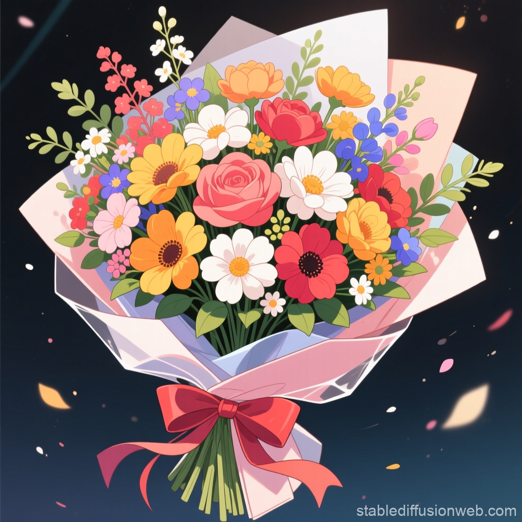 Colorful Floral Bouquet with Red Ribbon in Anime Style