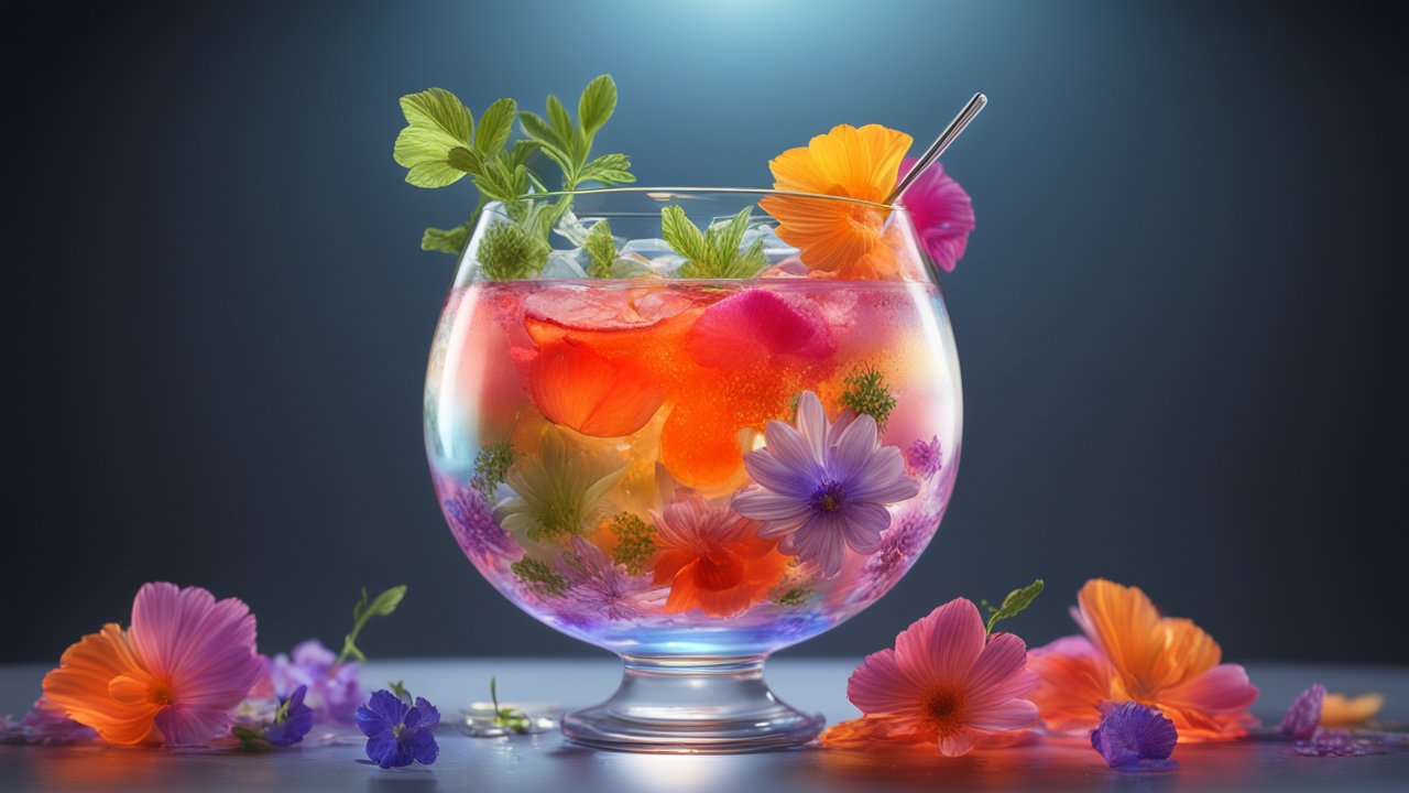 Colorful Floral Cocktail in a Glass with Ice