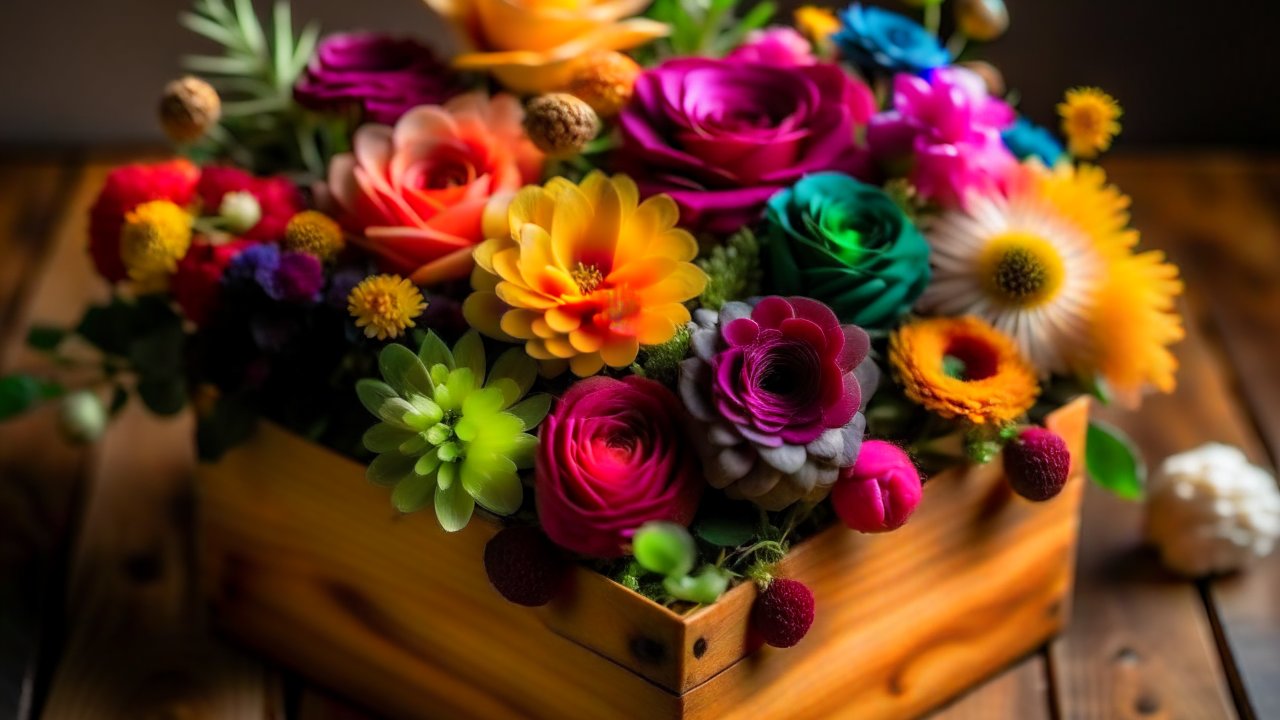Colorful Flower Arrangement in Wooden Box