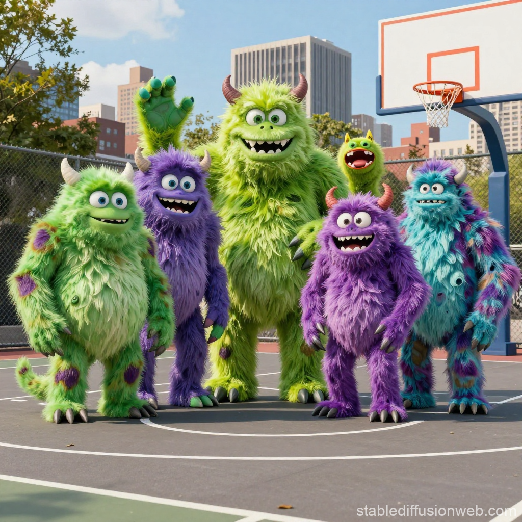 Colorful Furry Monsters Playing Basketball in NYC