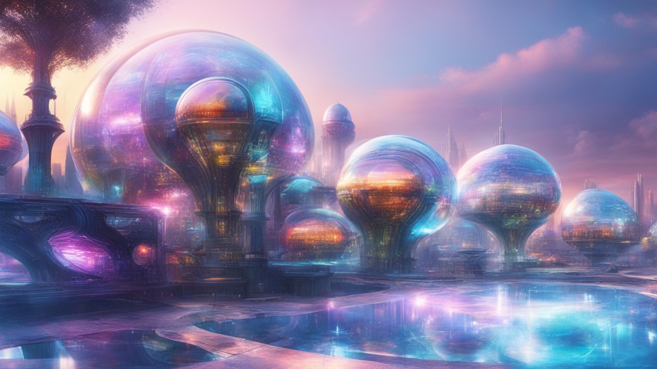 Colorful Futuristic City with Transparent Dome Structures