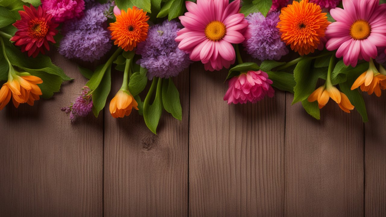 Colorful Garden Flowers on Wooden Surface
