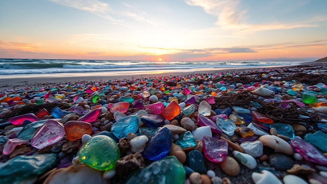 Colorful Glass Pebbles on a Beach at Sunset