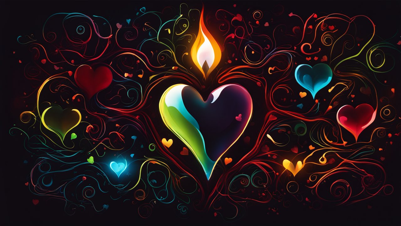 Colorful Hearts with Fiery Glow on Dark Abstract Background