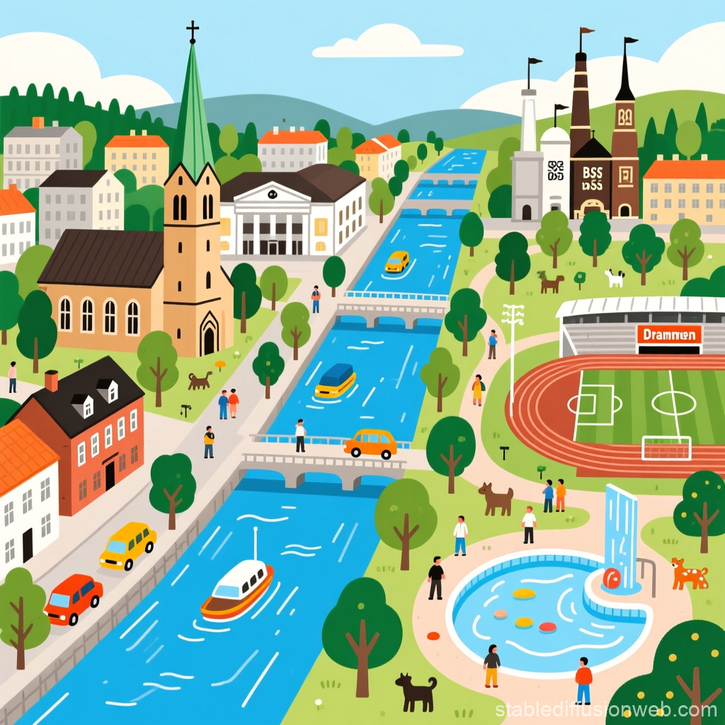 Colorful Illustrated Map of Drammen City with River and Stadium