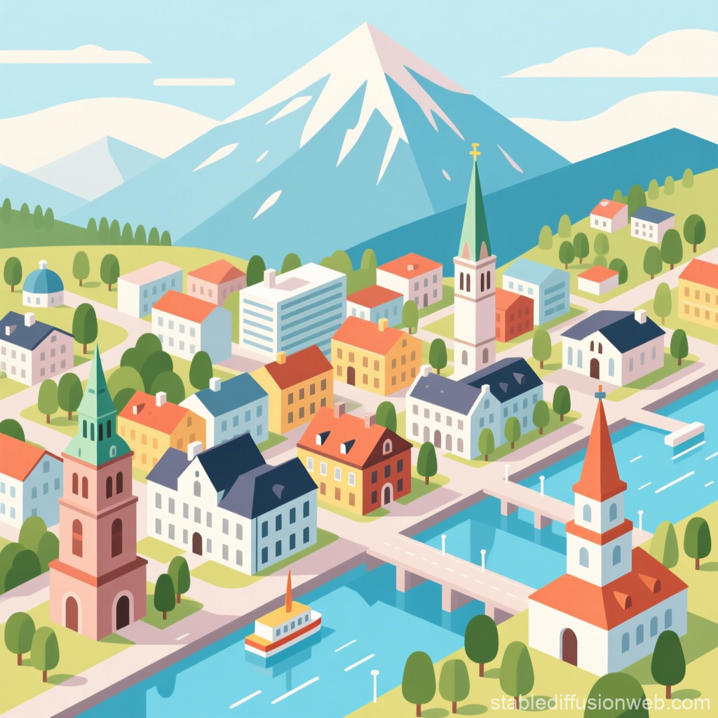 Colorful Illustrated Town with Mountain Backdrop