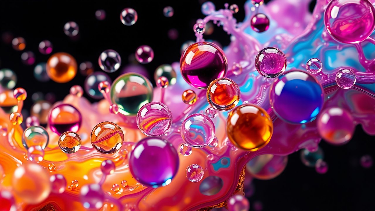 Colorful Immiscible Liquid Droplets in Abstract Flow