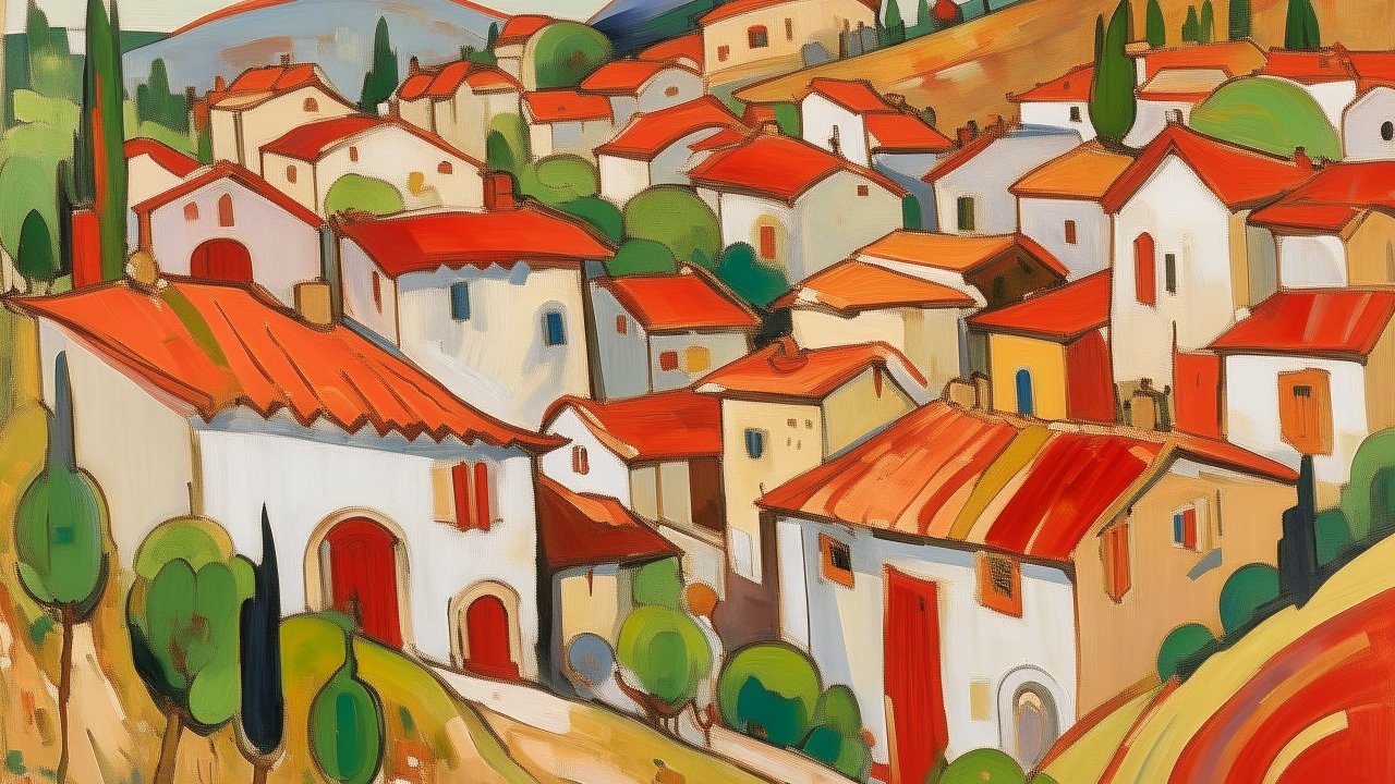 Colorful Mediterranean Village Painting