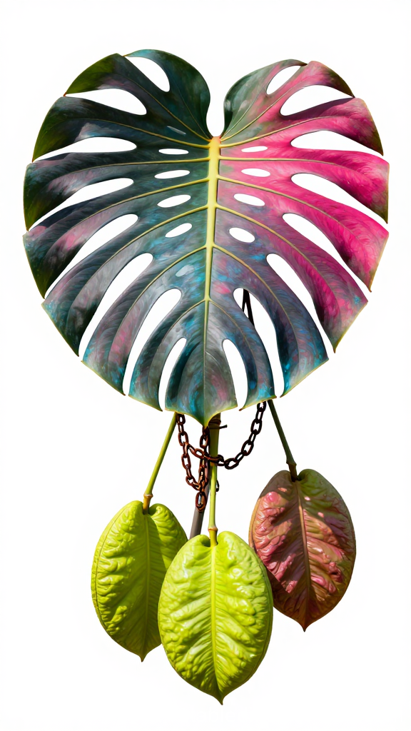 Colorful Monstera Leaf with Hanging Leaves and Chain
