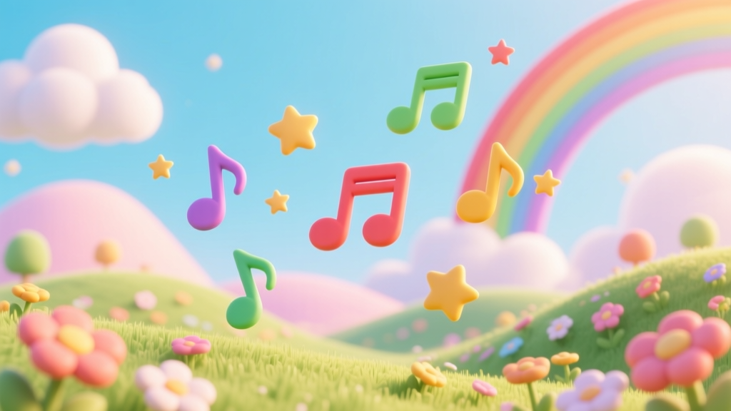 Colorful Musical Notes Dancing Over a Dreamy Pastel Landscape