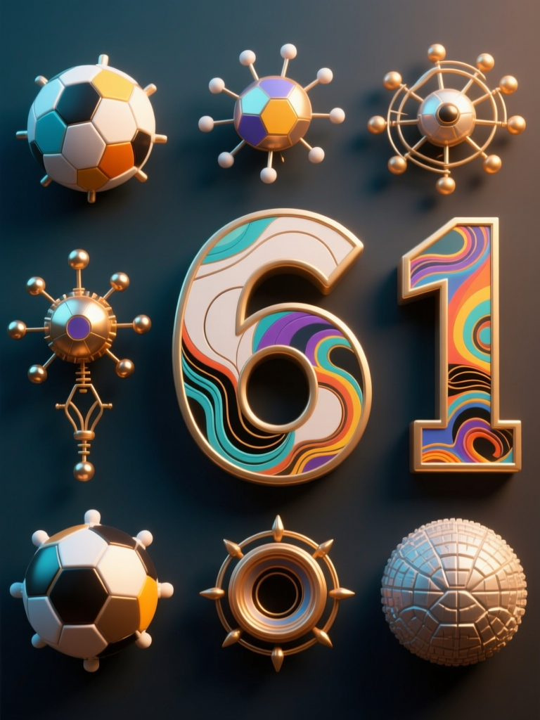 Colorful Number 61 with Decorative Geometric Spheres