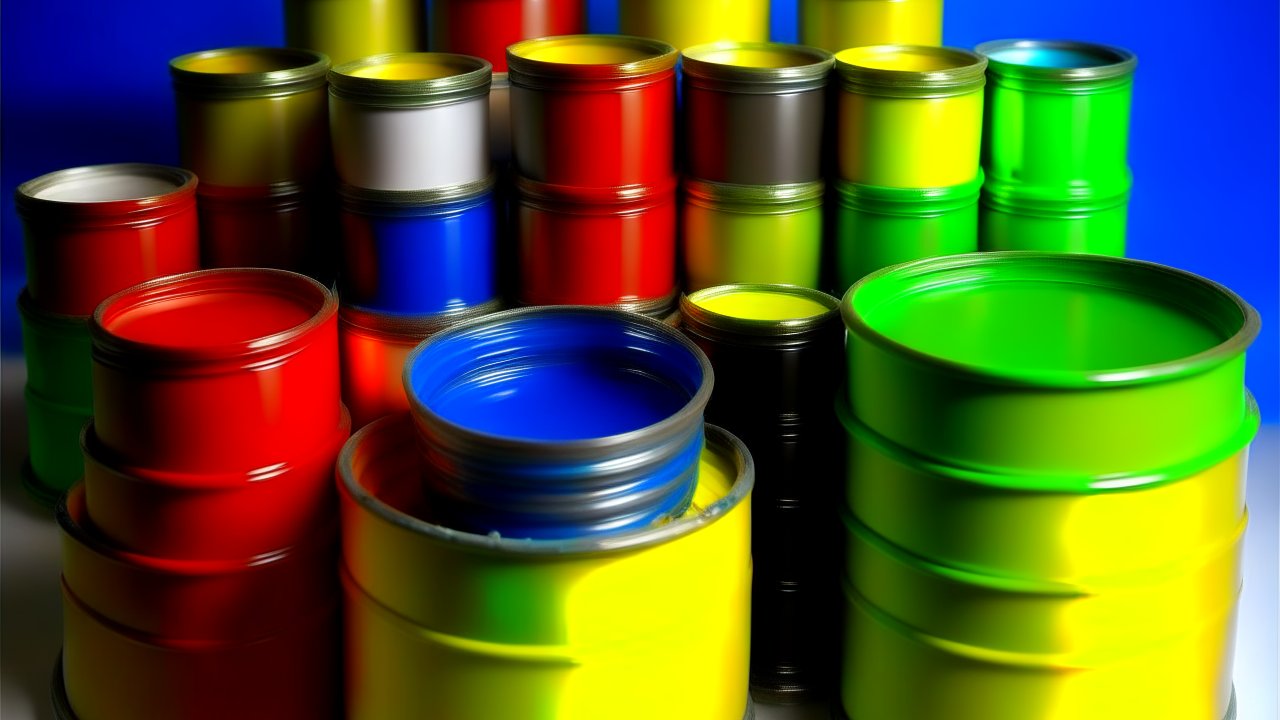 Colorful Paint Cans Arranged in Rows