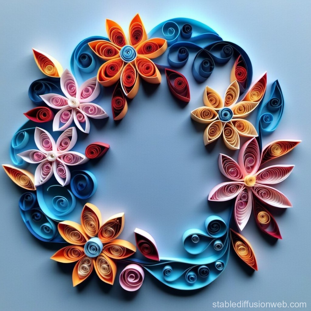 Colorful Paper Quilling Floral Wreath on Blue Background