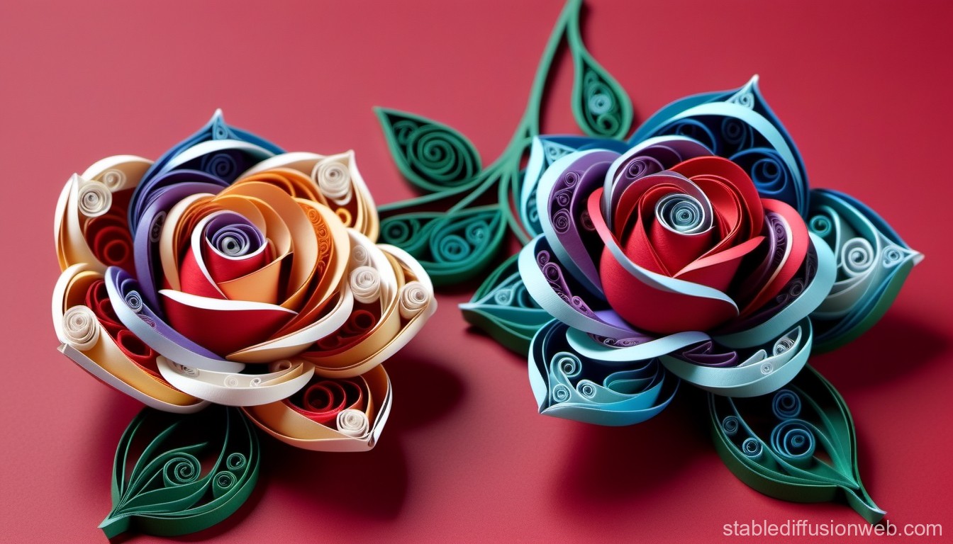 Colorful Paper Quilling Roses on Red Background