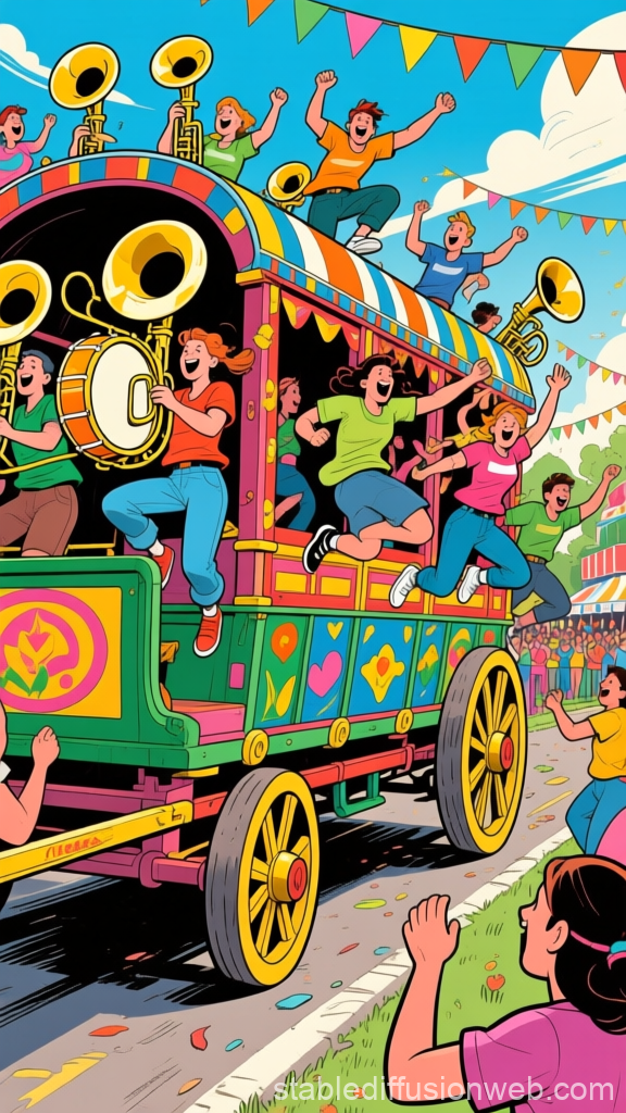 Colorful Parade Bandwagon with Joyful Musicians and Crowd