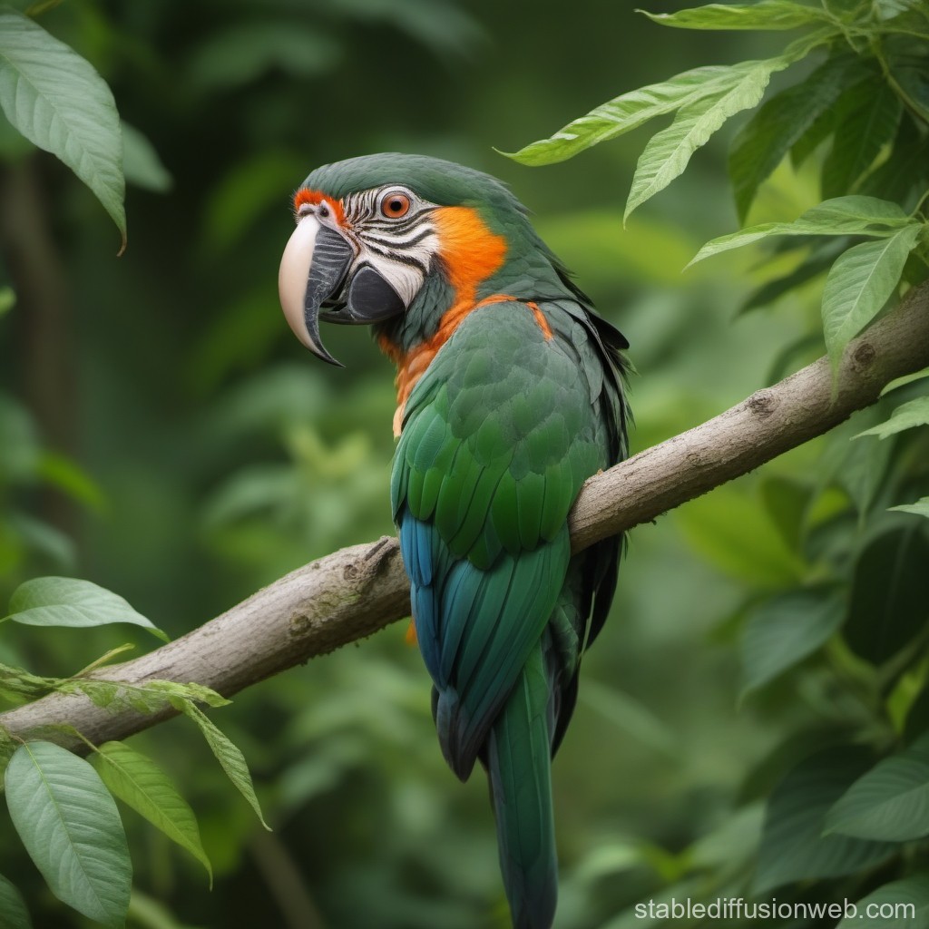 Colorful Parrot Perched on Tree Branch in Lush Green Forest