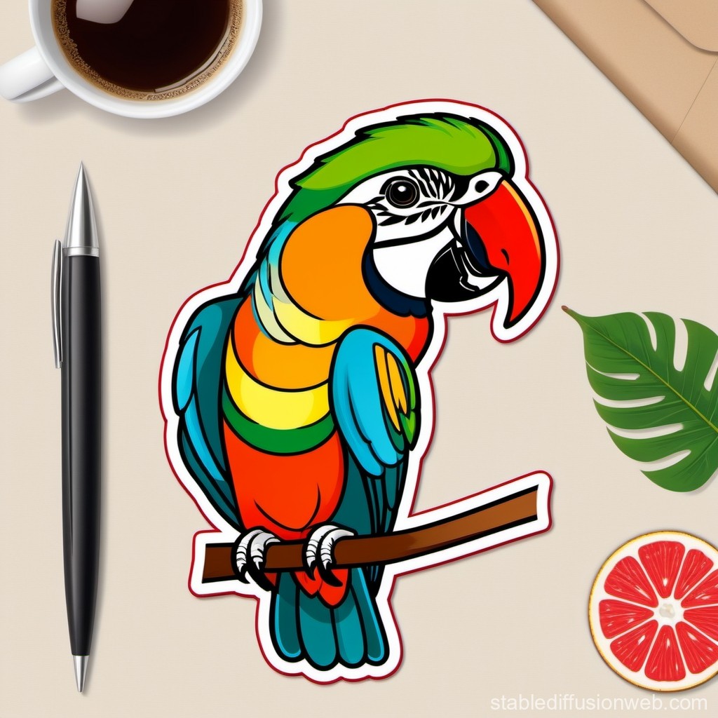 Colorful Parrot Sticker on Desk with Coffee and Pen