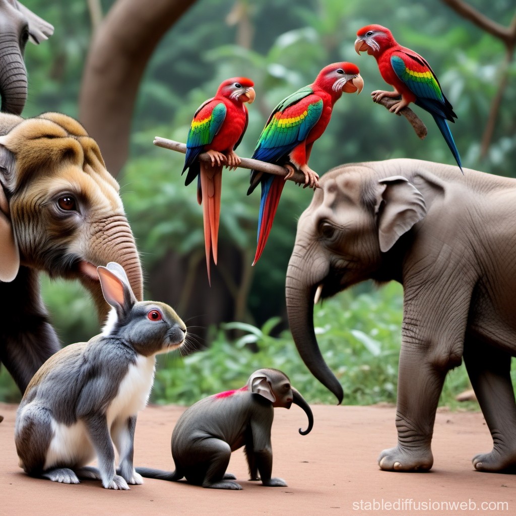 Colorful Parrots and Diverse Animals in a Lush Forest