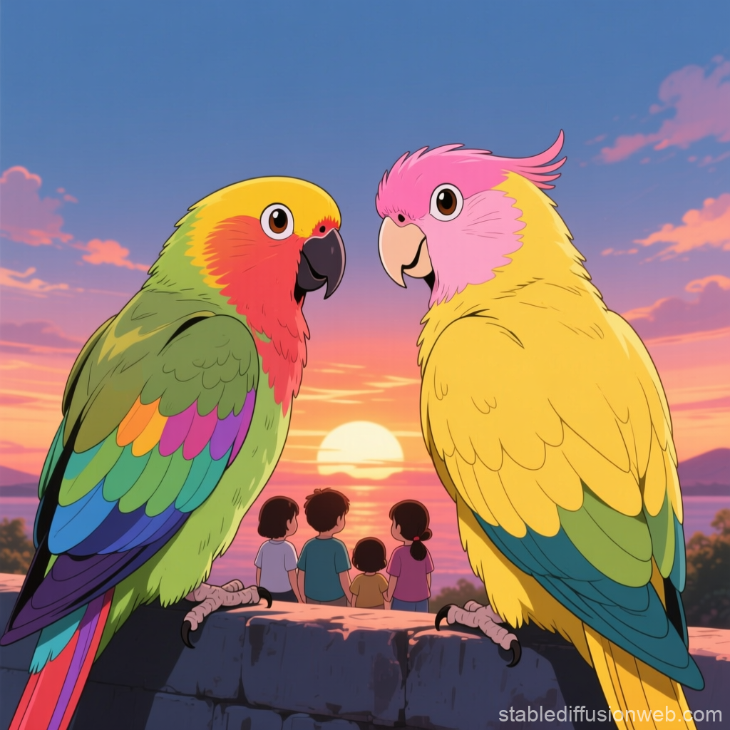Colorful Parrots and Family Watching Sunset in Anime Style