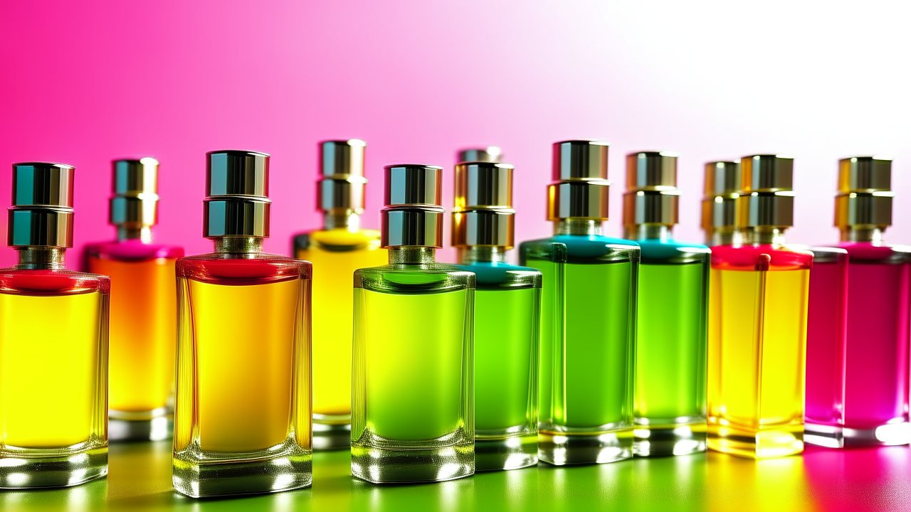 Colorful Perfume Bottles with Metallic Caps on Gradient Background