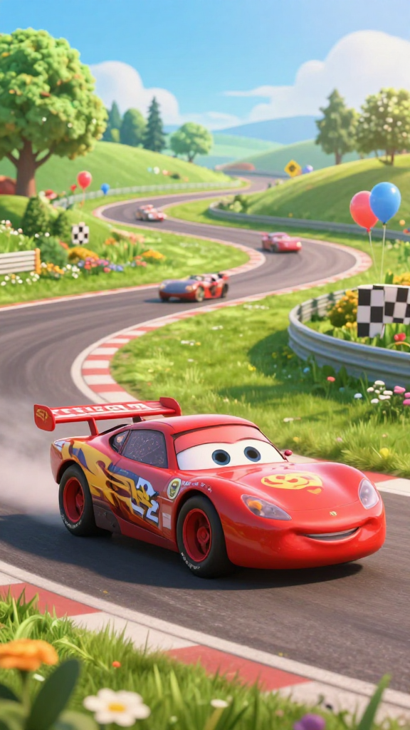 Colorful Pixar-Style Cartoon Racecar on Scenic Racetrack