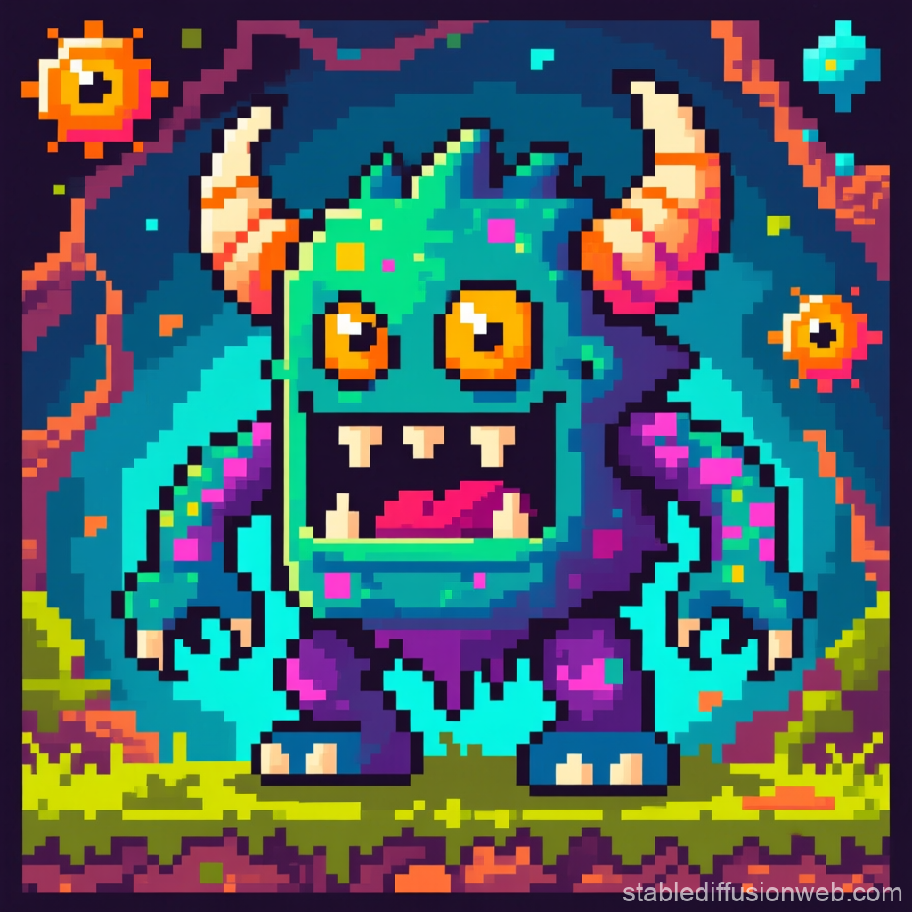 Colorful Pixel Art Monster with Horns in Fantasy Setting
