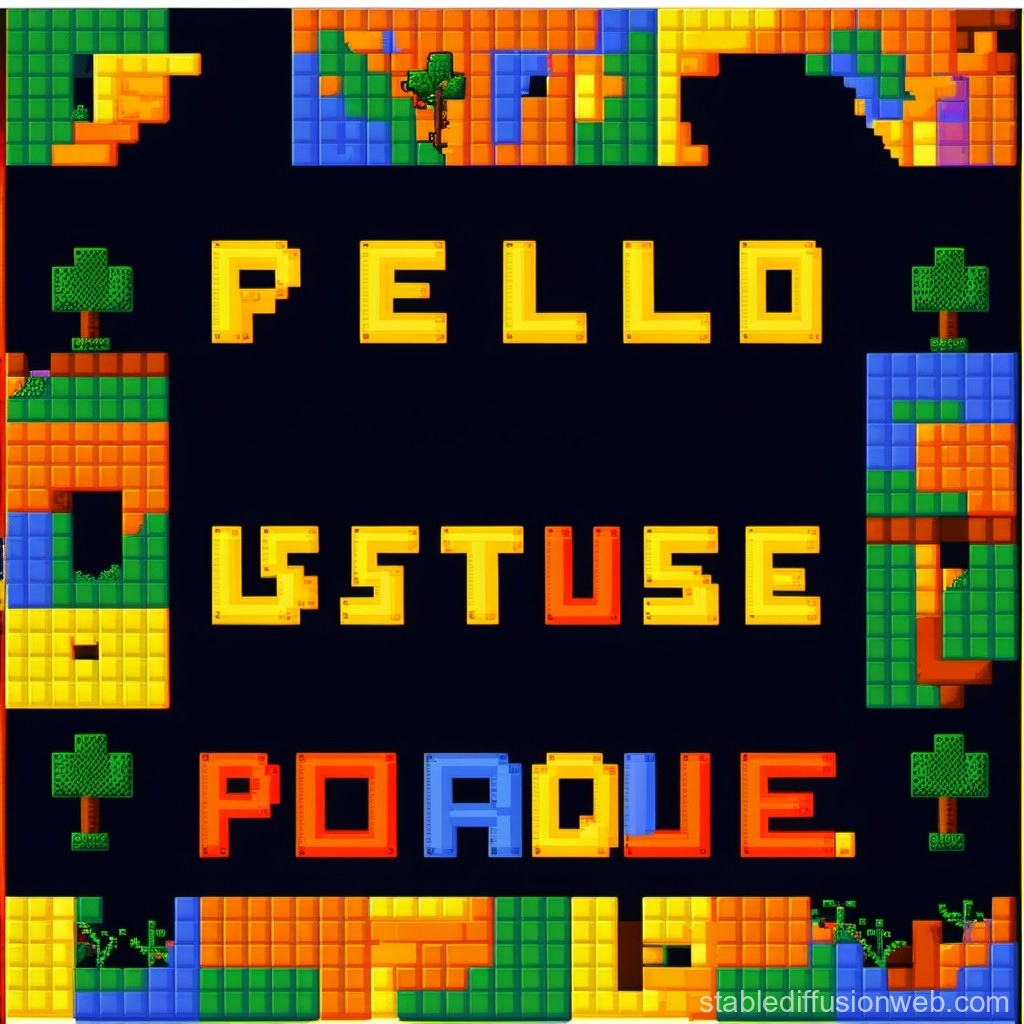 Colorful Pixel Art Text with Blocky Landscape